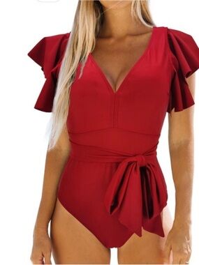 Red Flutter Sleeve Tie-Waist One-Piece Swimsuit NWOT
